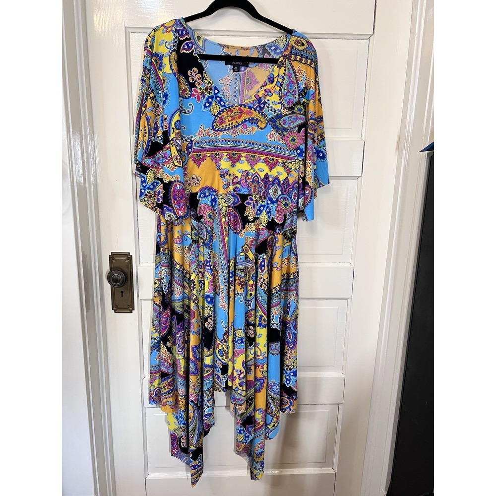 Marc Bouwer Dress XL Multicolor Paisley Print Sleeveless Flowy Boho Attach Cape